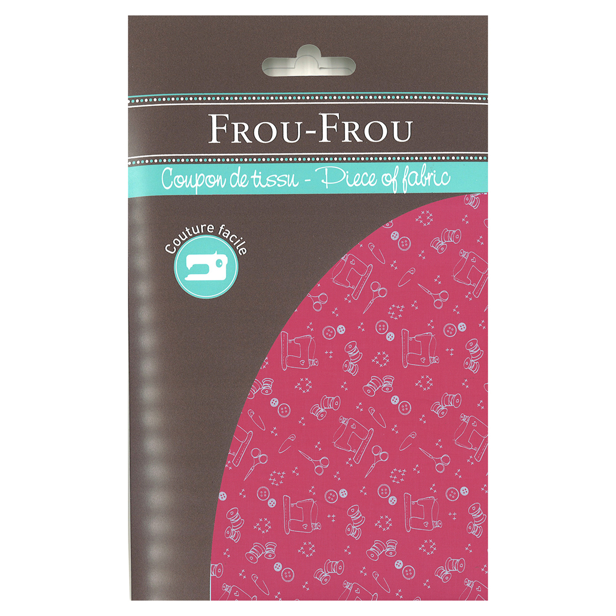 Coupon de tissu Frou Frou - 45x55 cm - motif ustensiles de couture - fuchsia