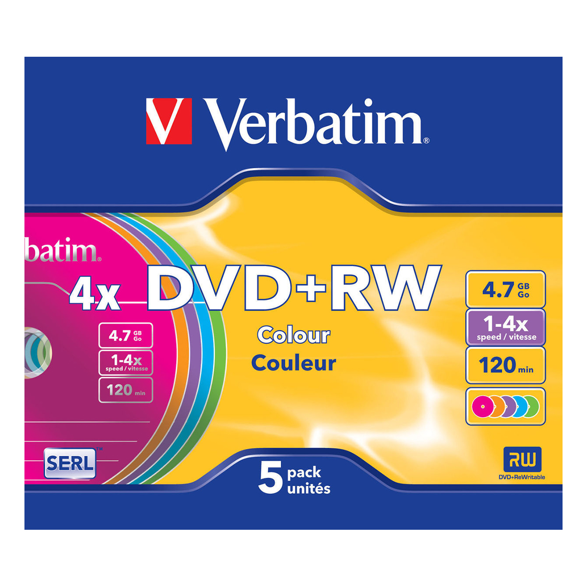 DVD+RW Verbatim - 5 pièces - Slim color