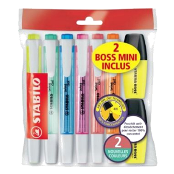 Pack de 6 surligneurs Stabilo Swing cool et 2 mini boss
