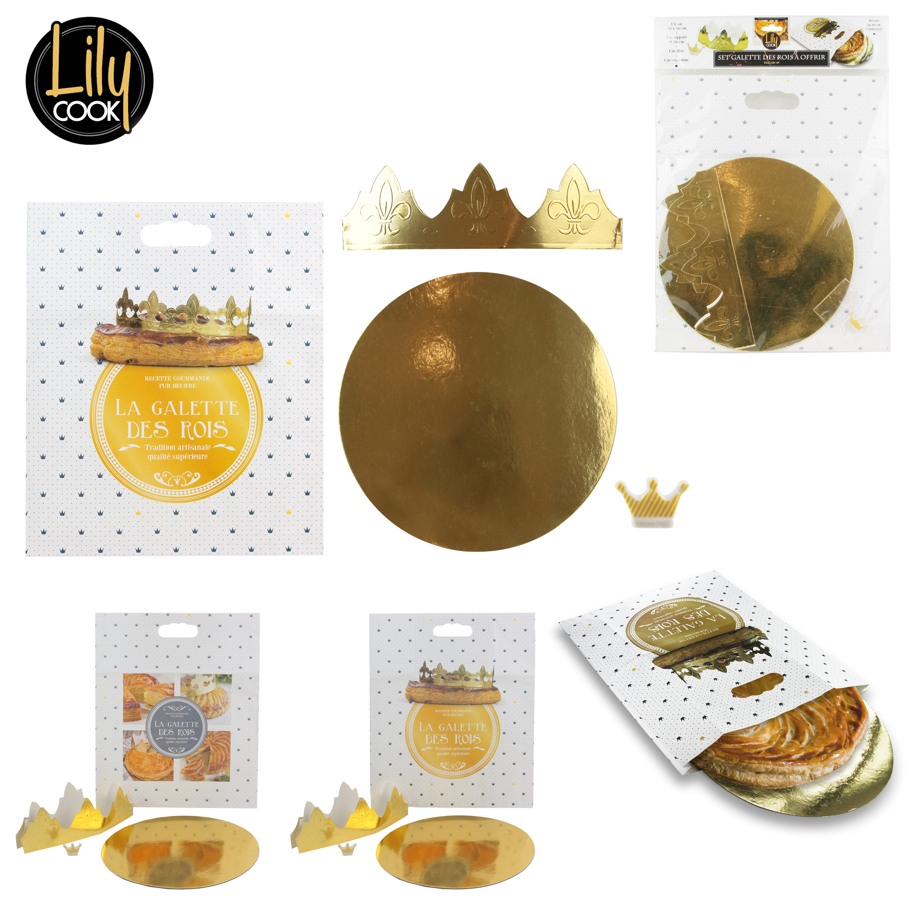 Kit galettes des rois : sac, support fève et couronne