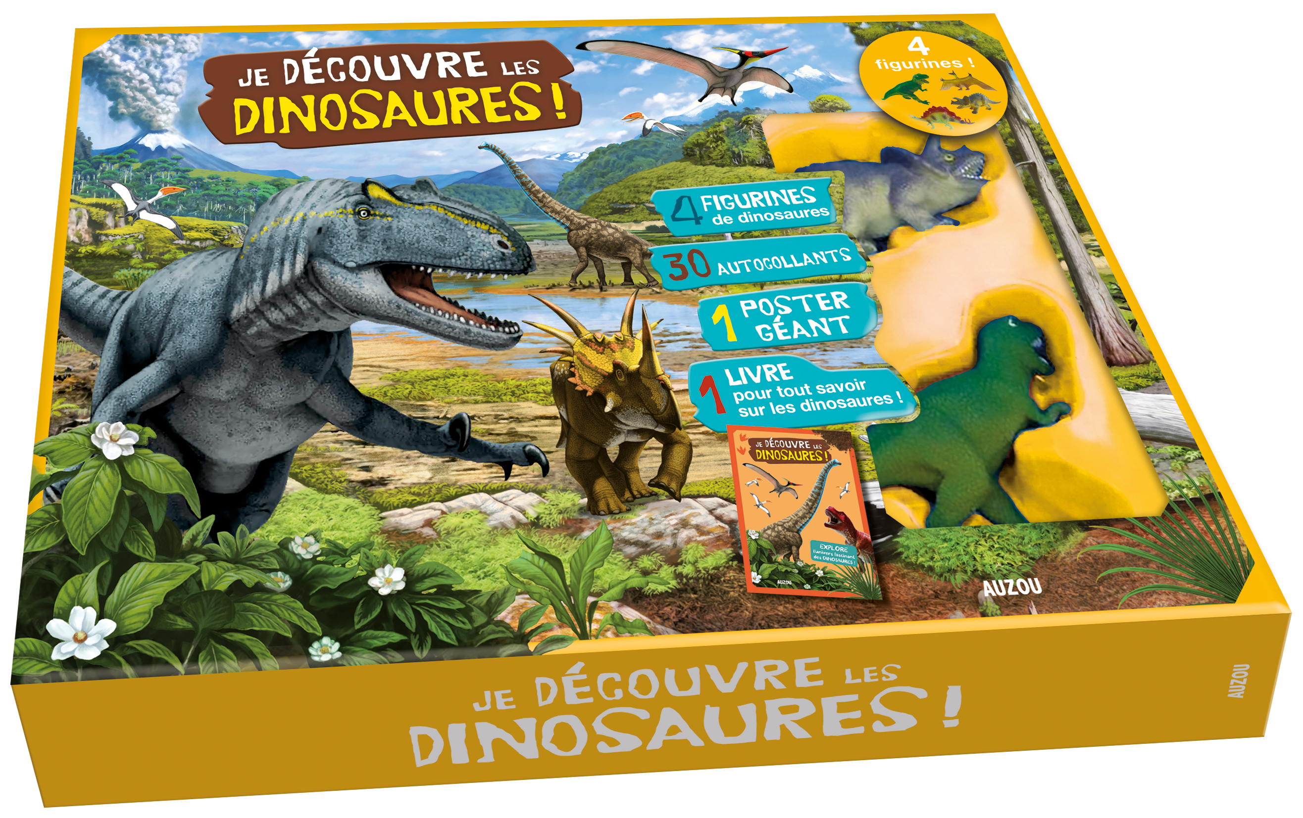 Je découvre les dinosaures - Contient : 4 figurines, 30 autocollants, 1 poster géant, 1 livre