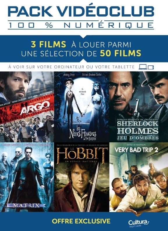 Pack VIDÉO CLUB 100% numérique - 3 films à louer parmi une sélection de 50 films