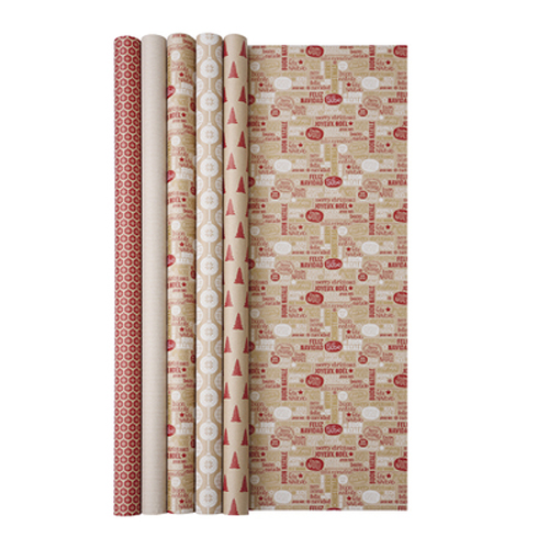 1 rouleau de papier cadeau kraft - Cosy in red - Designs aléatoires - 0,7 x 2 m