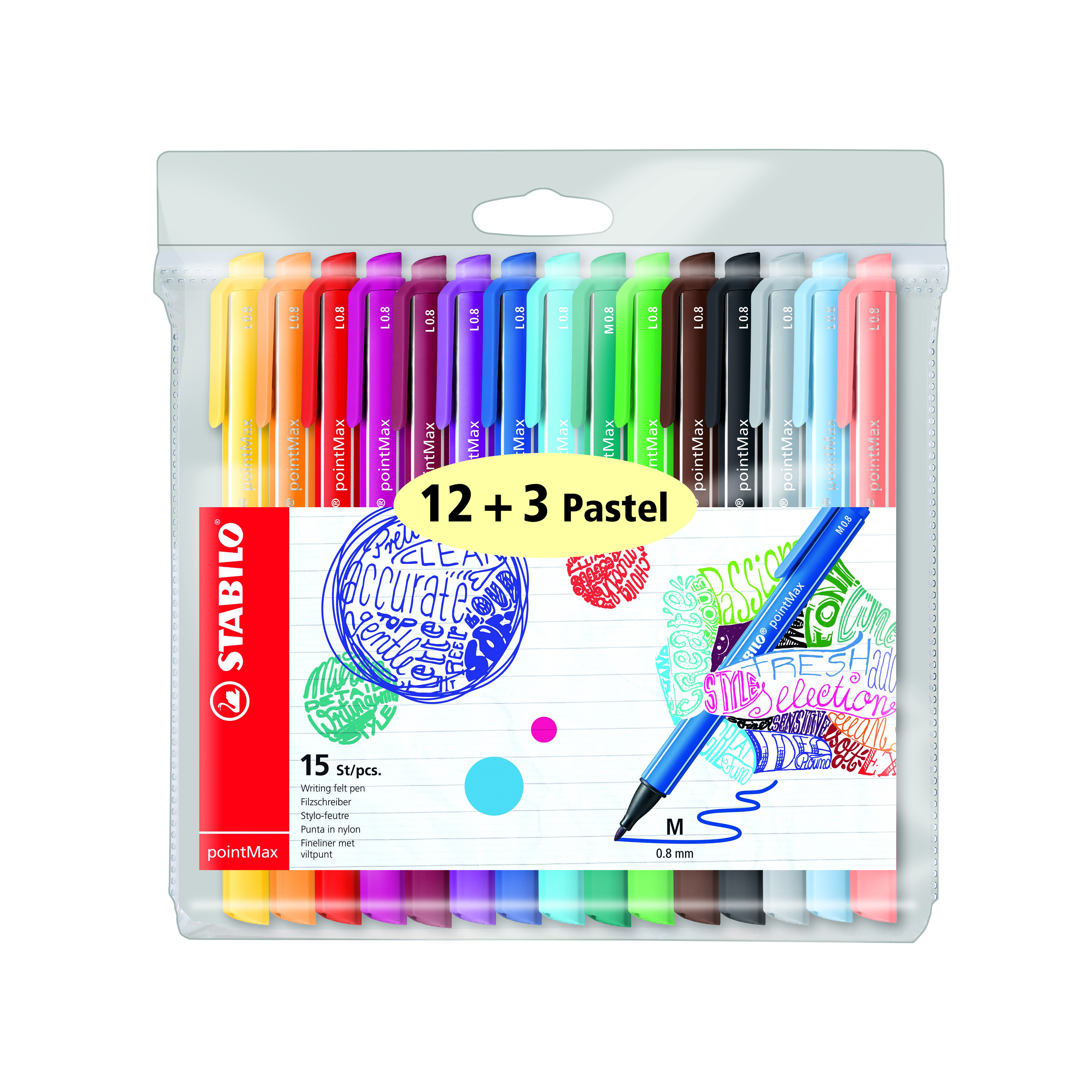 Pack de 15 feutres Stabilo Pointmax 12+3 pastel