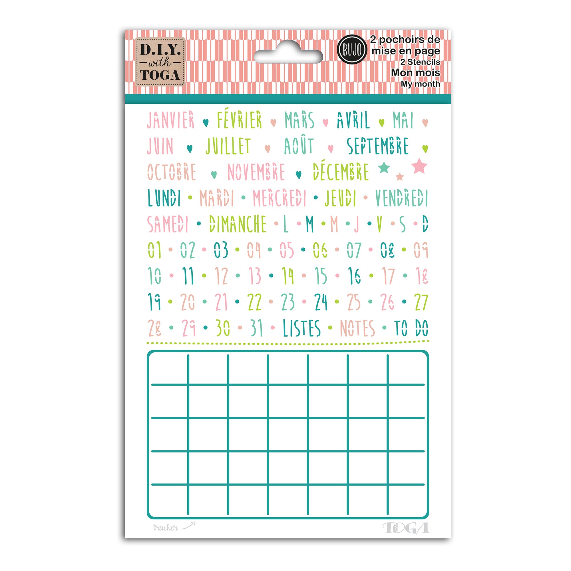 2 pochoirs motif mois de l'année/jour de la semaine