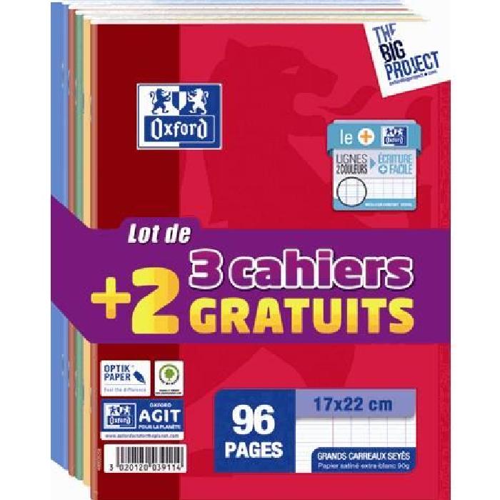 5 Cahiers Oxford - 17 x 22 cm - 96 pages - Grands carreaux