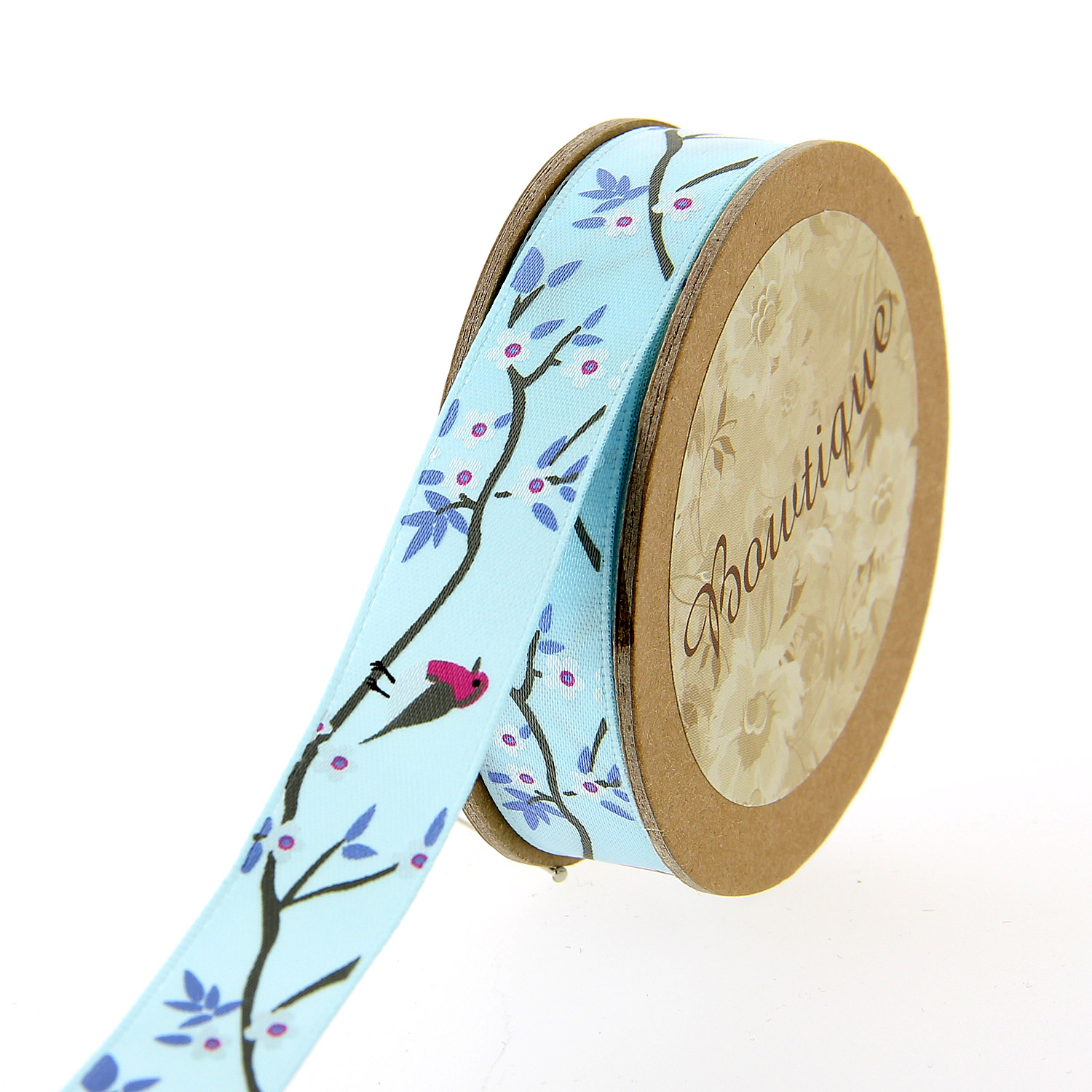 Ruban de Satin 5mx15mm - Branches fleuries et oiseaux - Distrifil