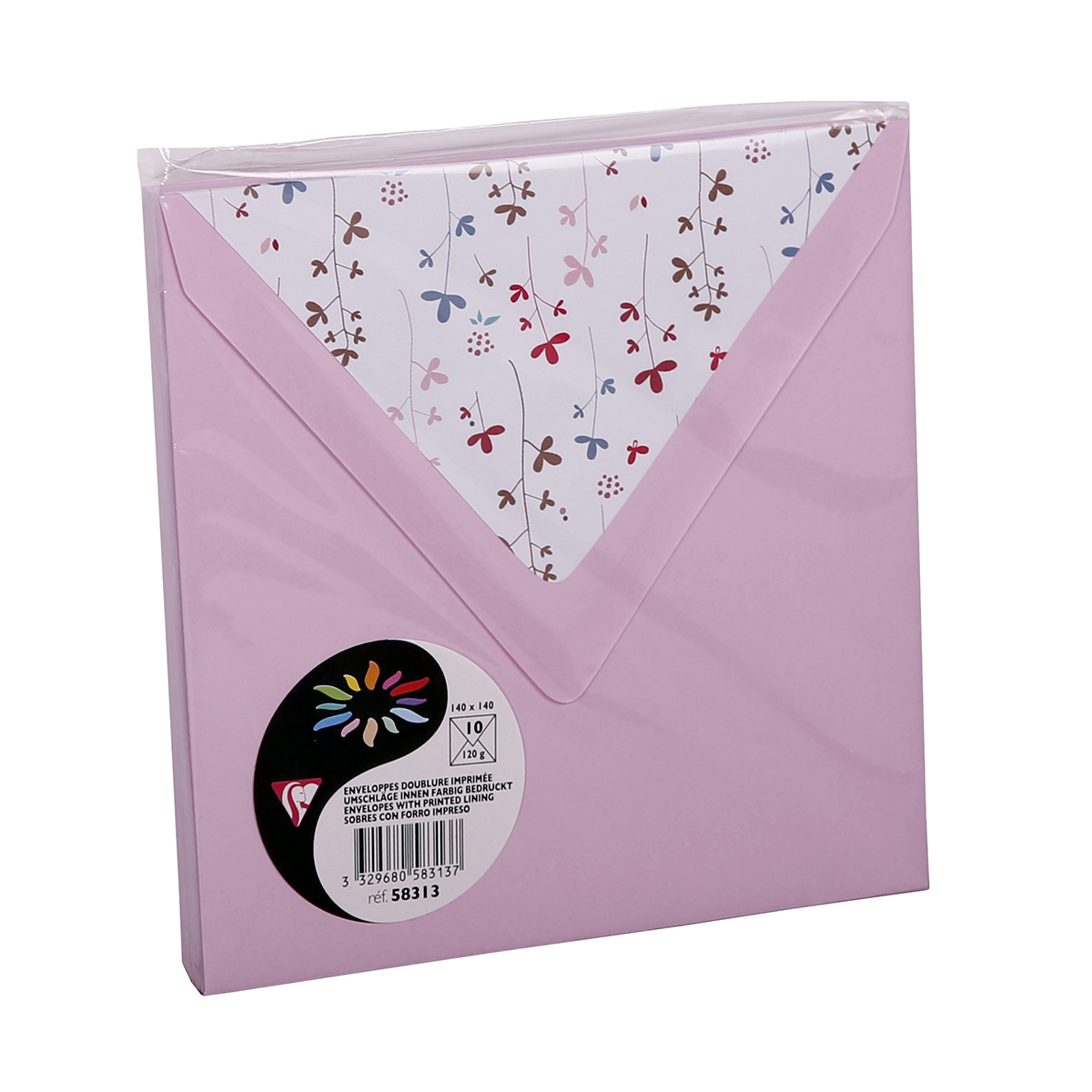 10 enveloppes Pollen 140x140mm - rose dragée doublure fleurs
