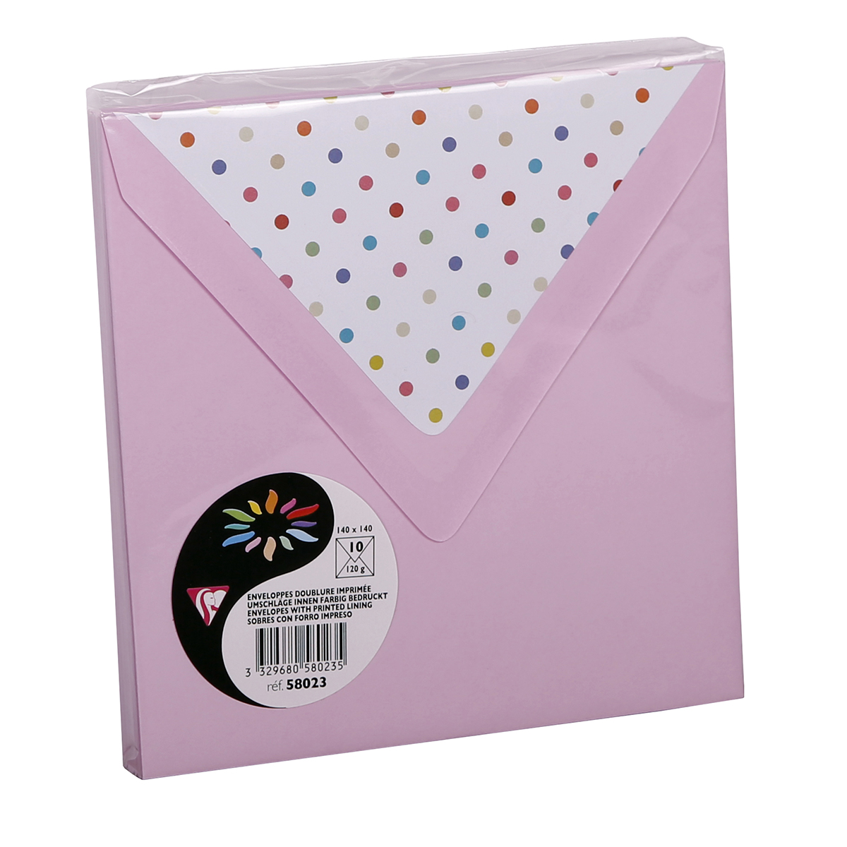 10 enveloppes Pollen 140x140mm - rose dragée doublure petits pois