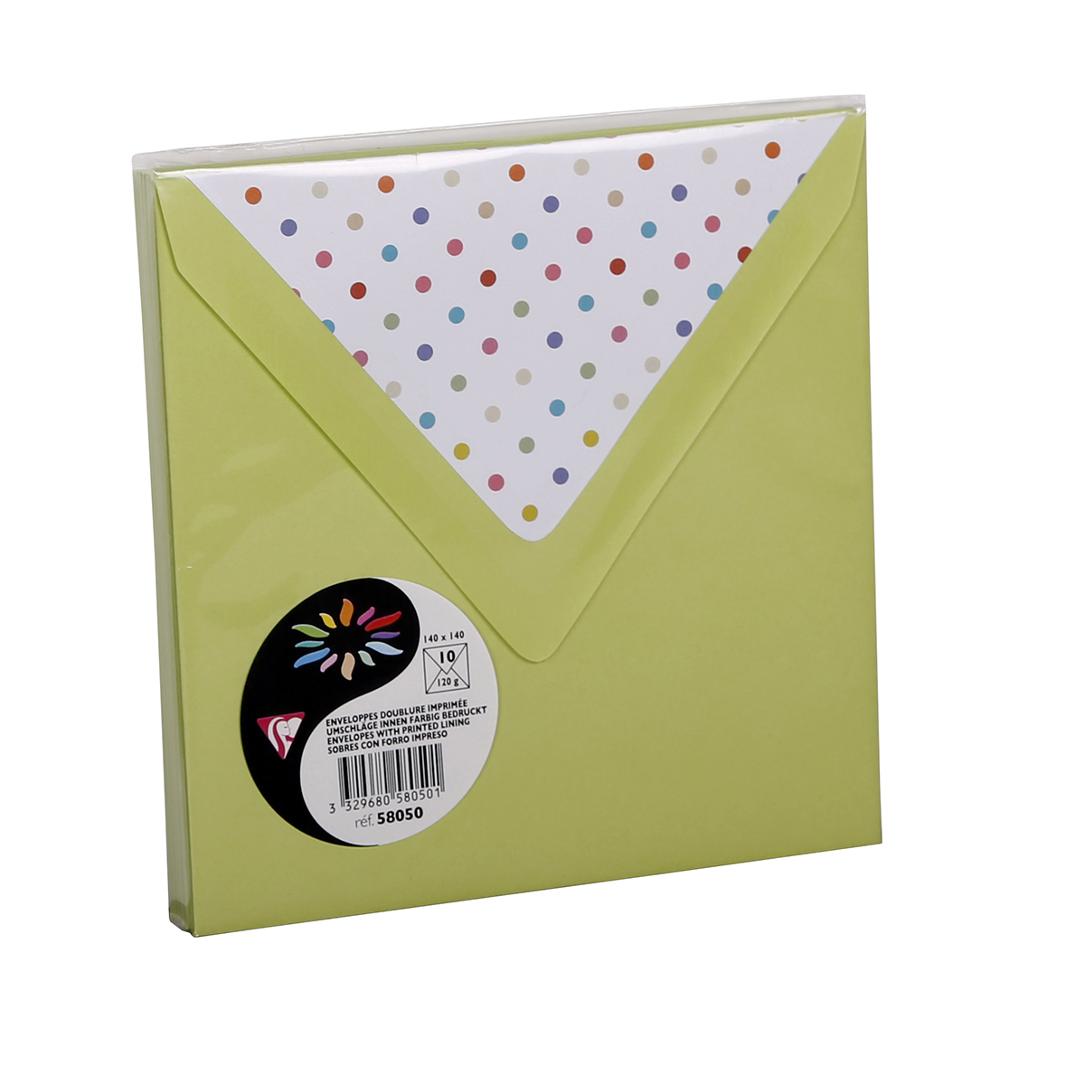 10 enveloppes Pollen 140x140mm - vert bourgeon doublure petits pois