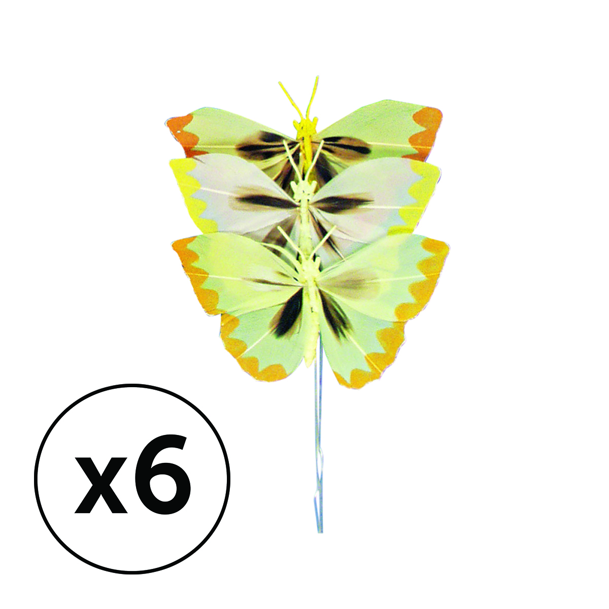 Sachet 6 papillons en plumes - 2 cm - jaune