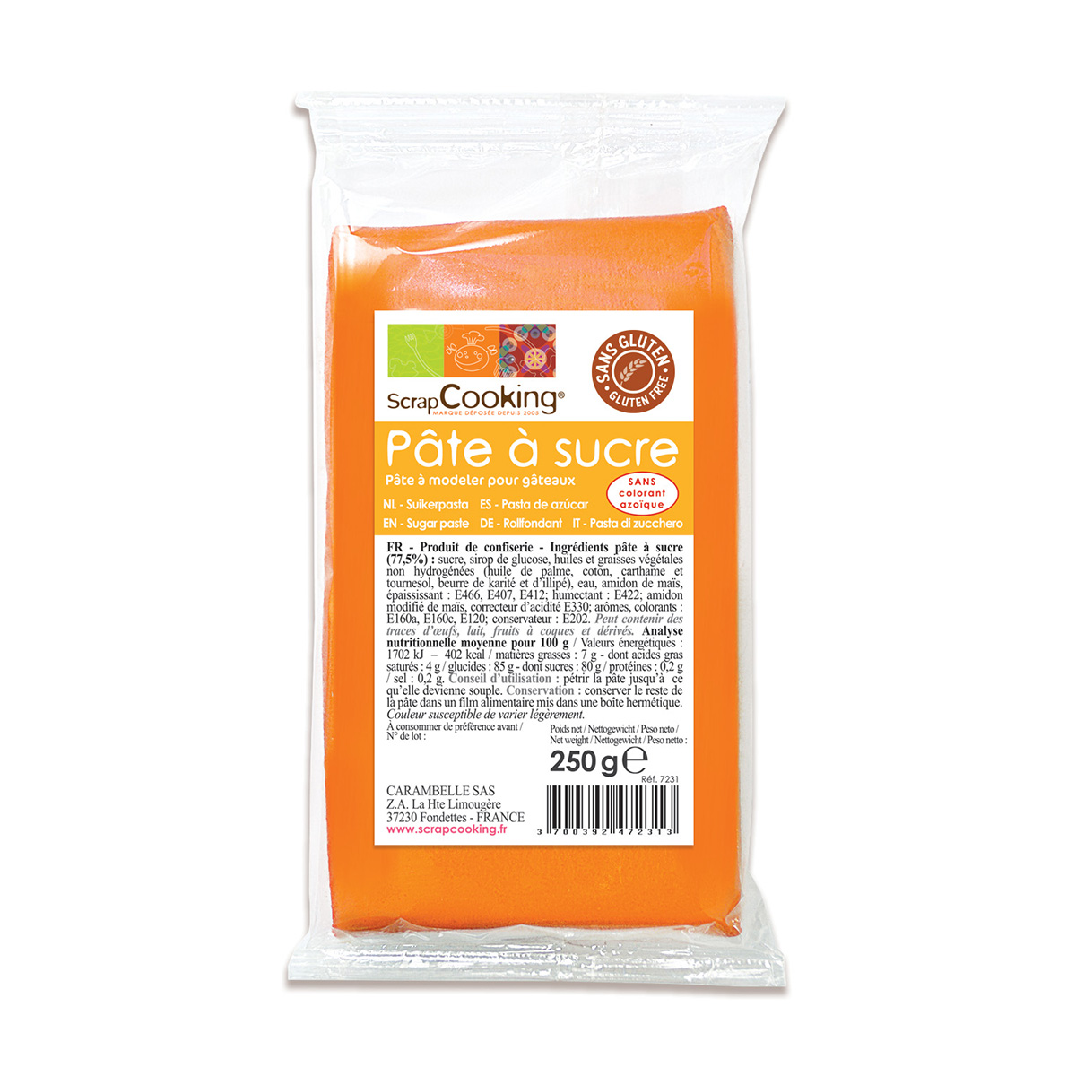 Pâte à sucre - orange clair - aromatisé vanille - 250g - Scrapcooking 