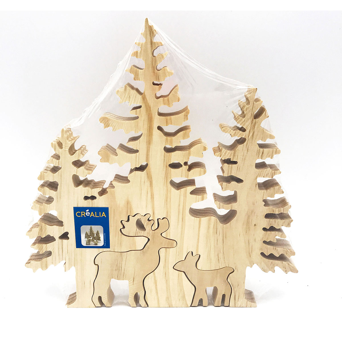 Sapin en bois à poser 25 cm et 2 cerfs- Créalia