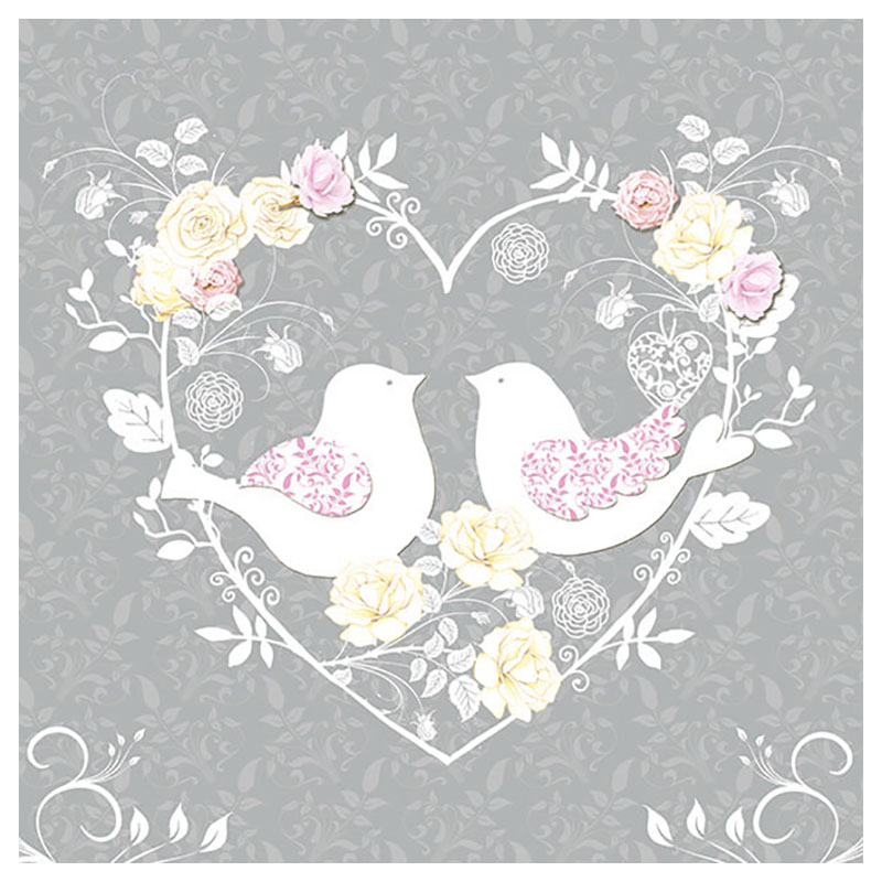 20 serviettes cœurs oiseaux - 33x33 cm