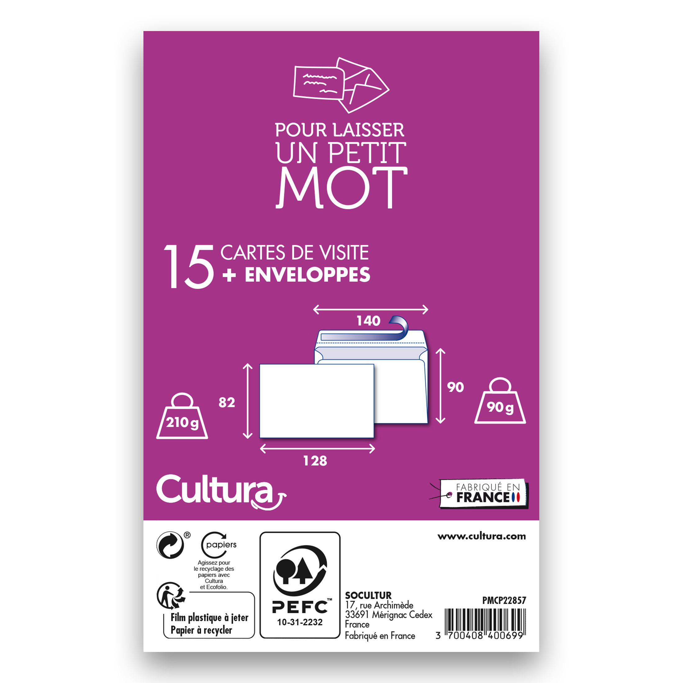 15 cartes de visite et enveloppes adhésives - 90x140mm - 90g/m² - Cultura