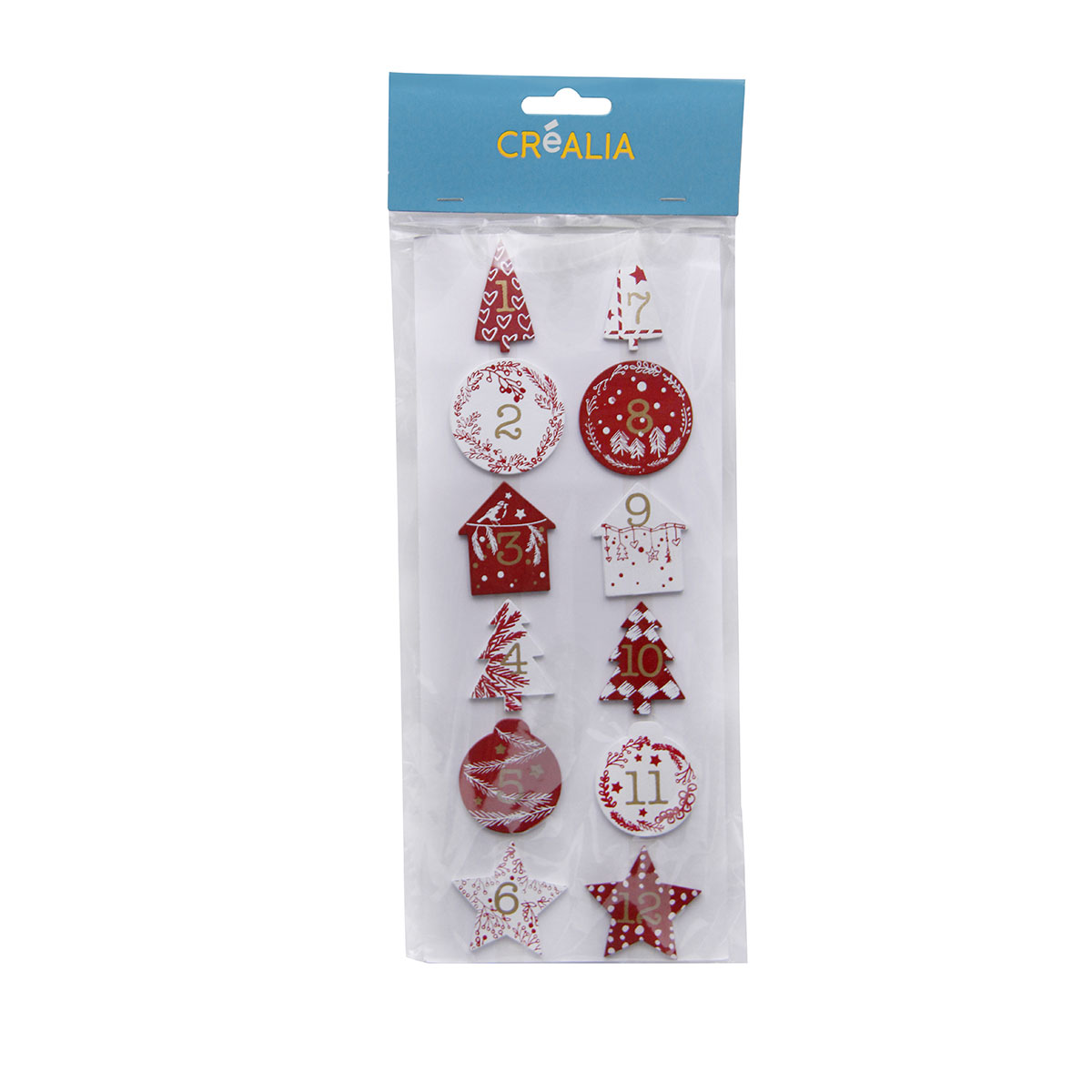 Set de 24 chiffres de l'Avent en bois peint 4 cm blancs rouges et or - Collection Cosy Vintage - Cré