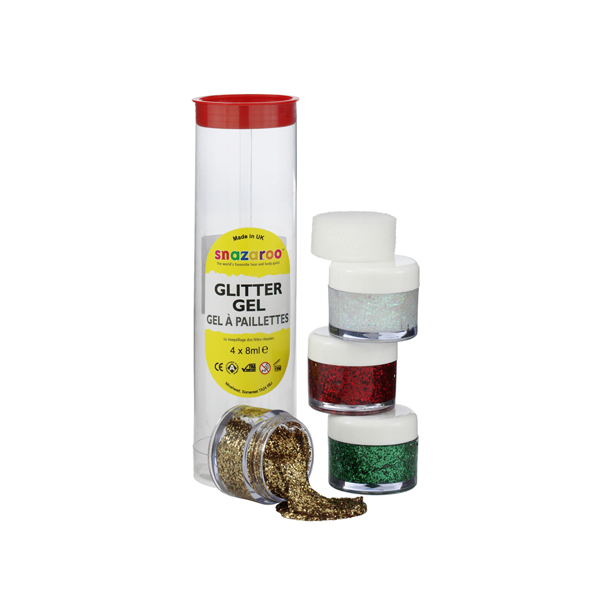 Set 4 gels pailletés 8 ml Or. Cristal. Vert. Rouge