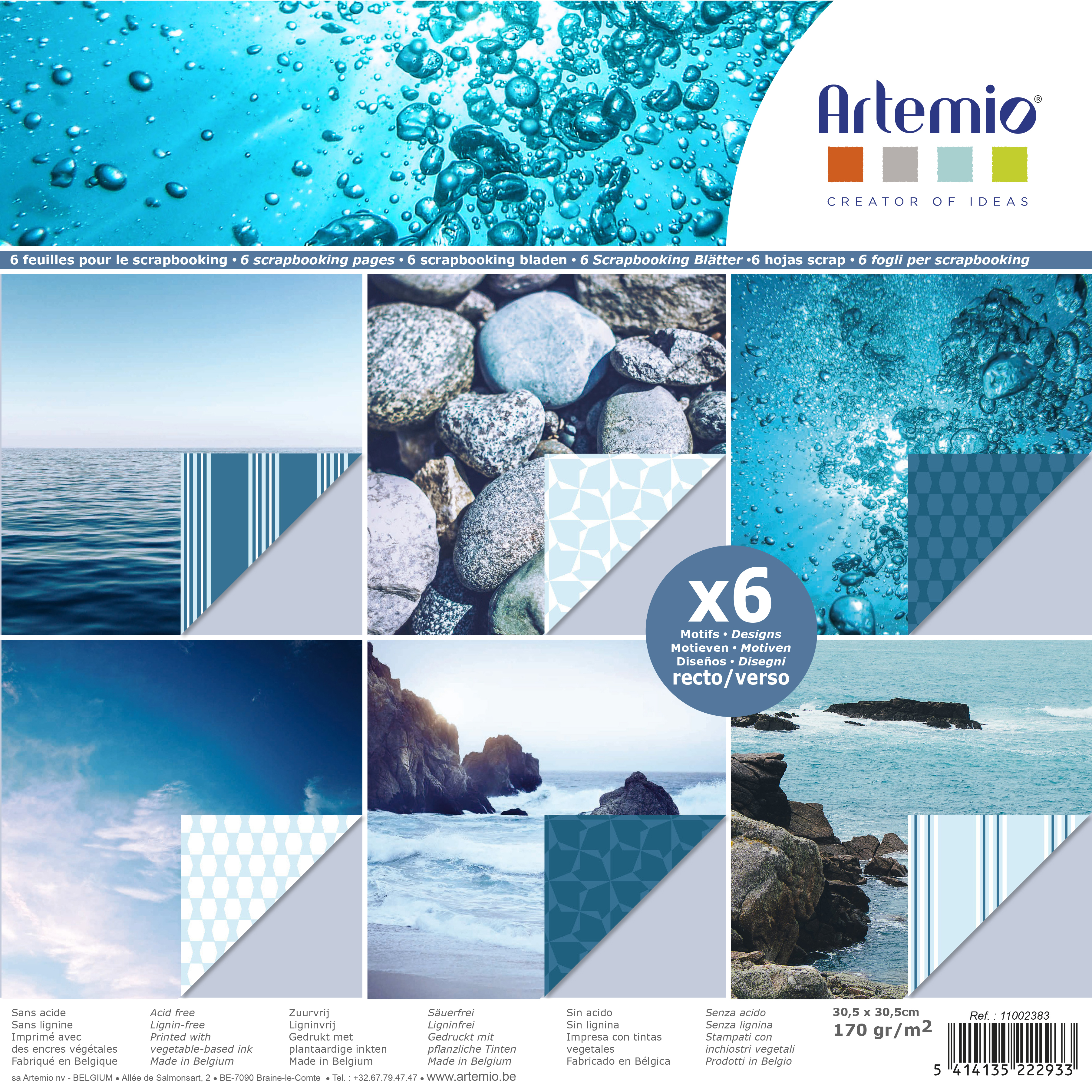 Bloc 6 papiers recto verso tons bleu - 30x30 cm