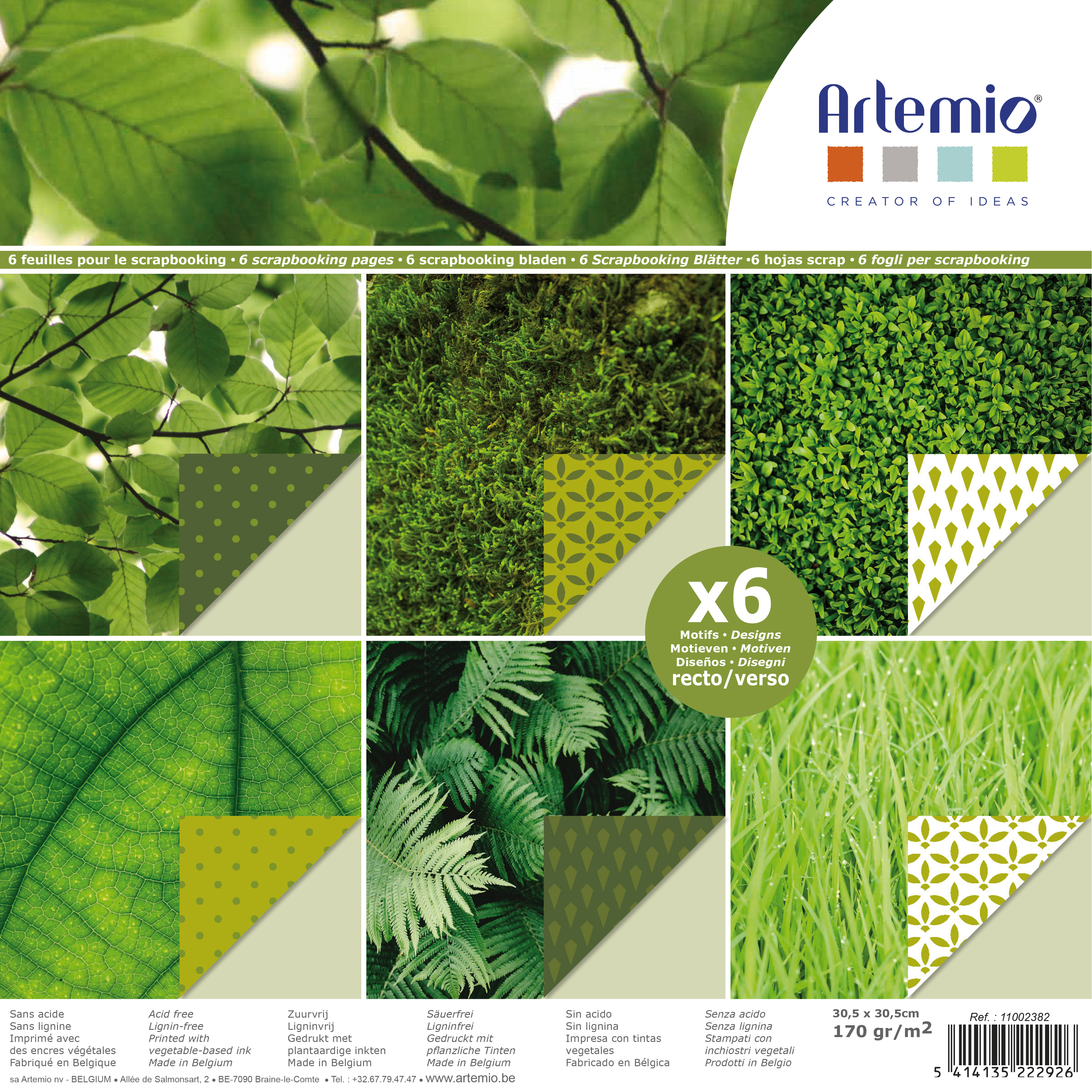 Bloc 6 papiers recto verso feuillages verts - 30x30 cm