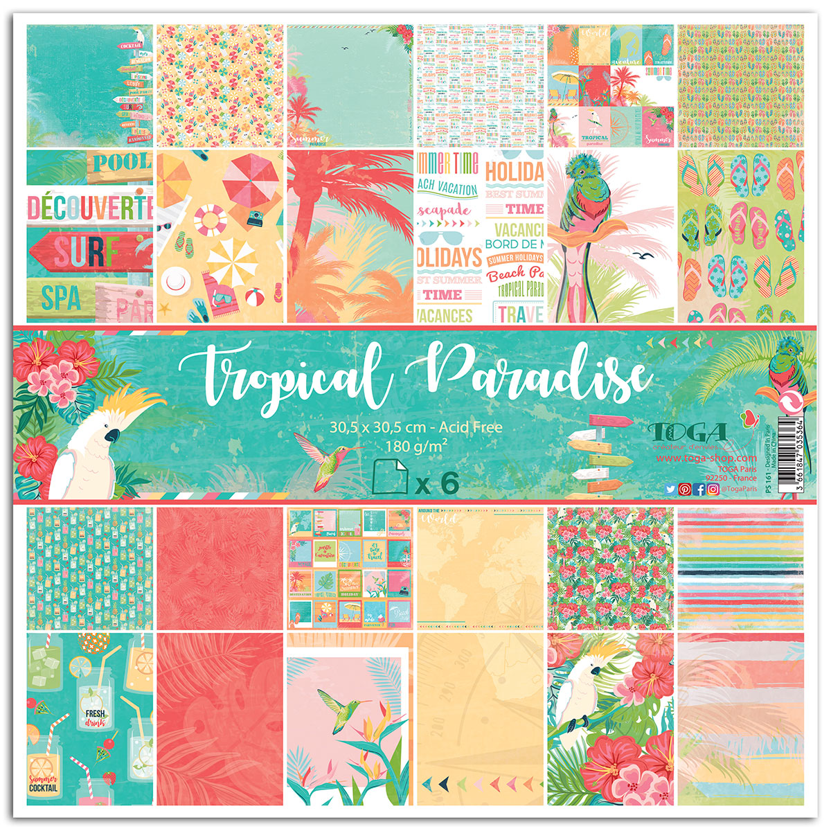 Set de 6 feuilles de papier Scrapbooking - Tropical Paradise