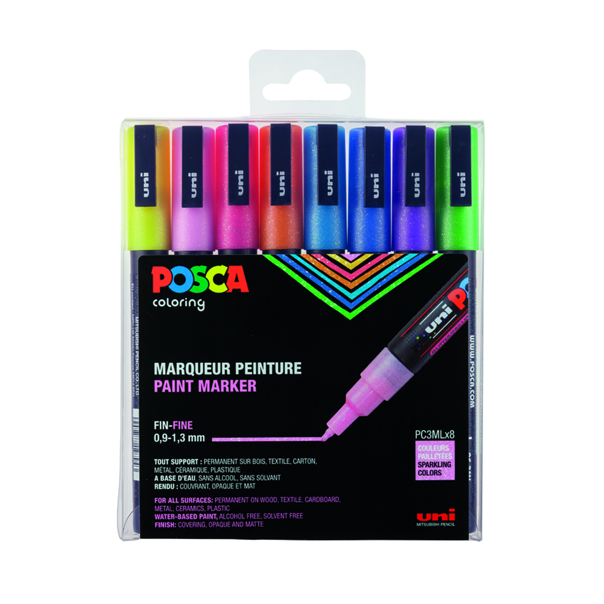 Set de 8 Posca Pailletes - Pointe fine conique - PC3ML