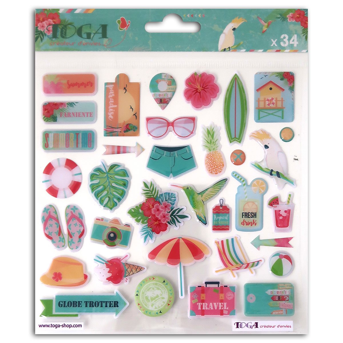 Planche de 34 stickers epoxy - Tropical Paradise