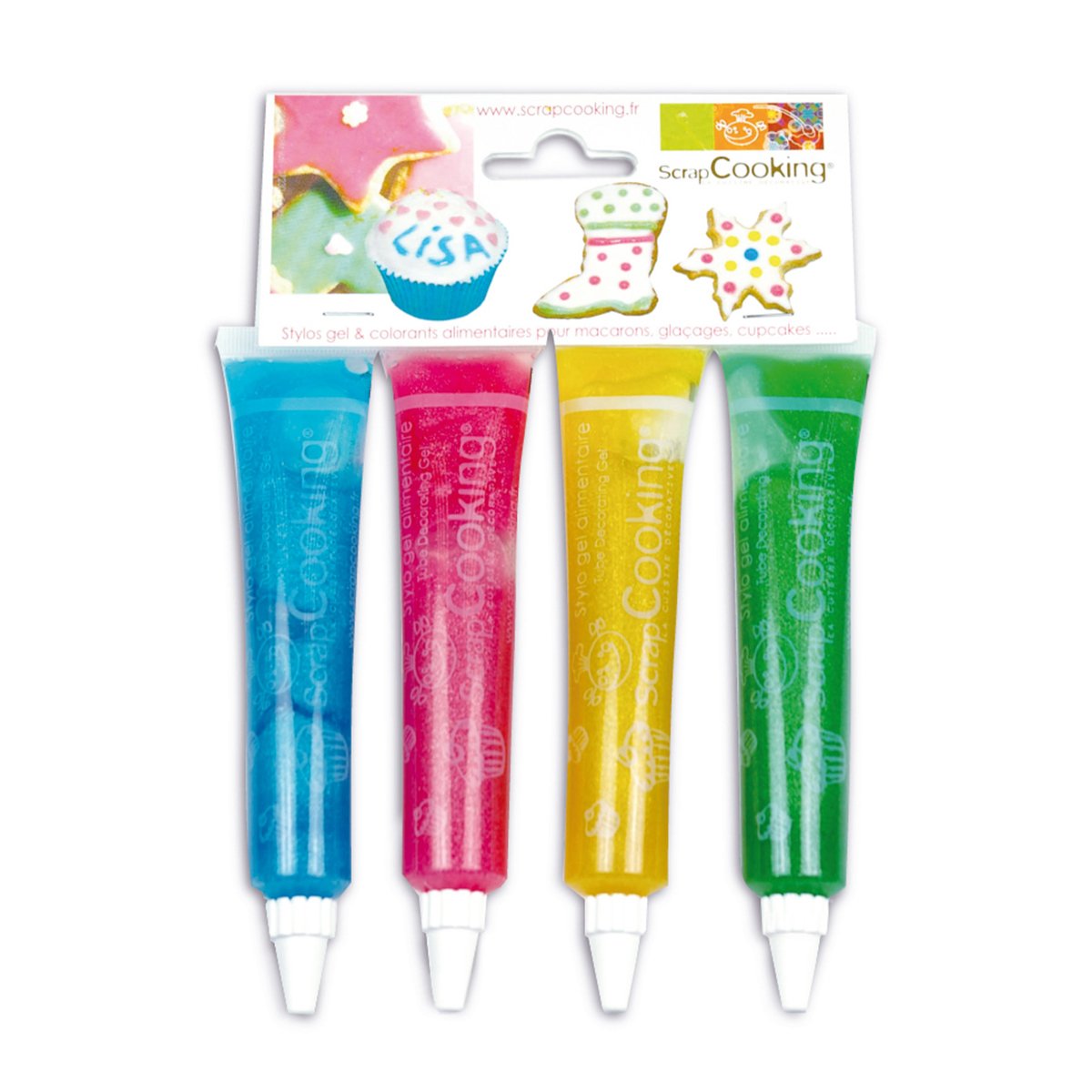 4 stylos gels alimentaires bleu, rouge, jaune et vert - Scrapcooking 