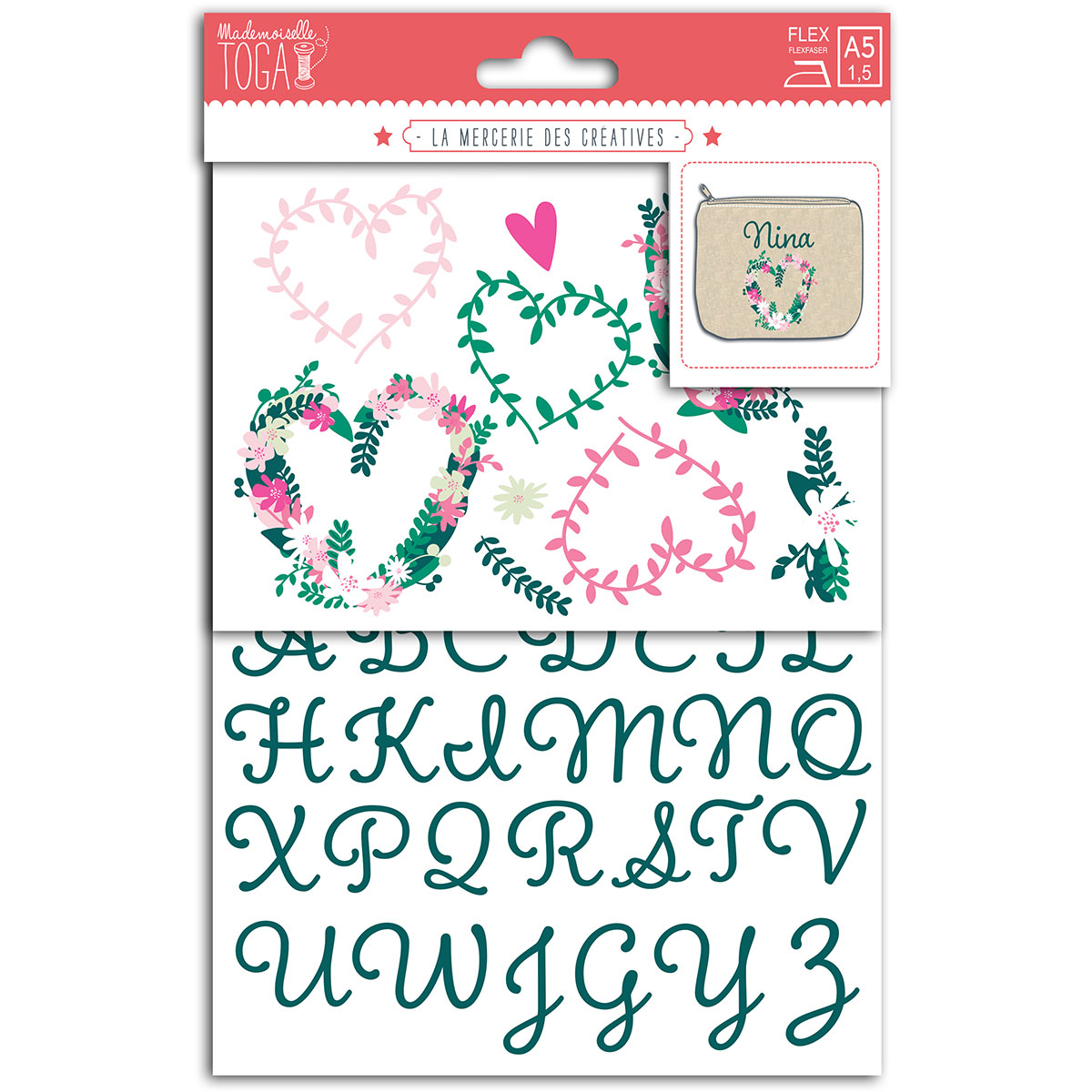 Planche de motifs thermocollants - Alphabet et cœurs fleuris