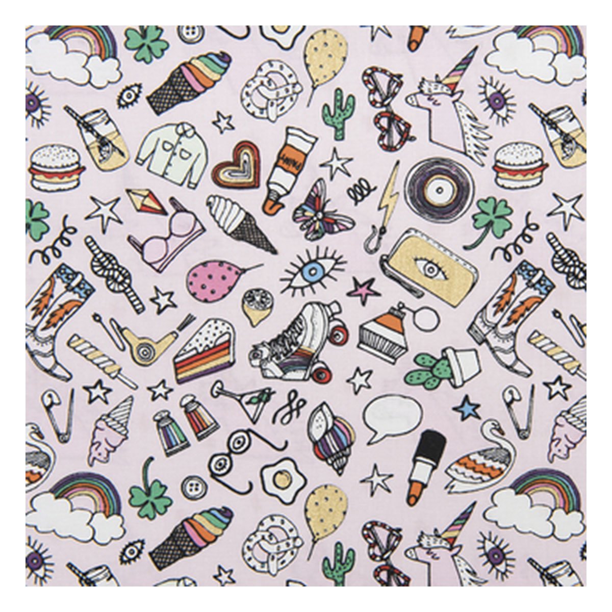 Tissu - 50 x 140 cm - rose et icones multicolores