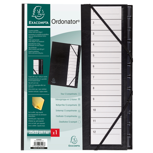 Trieur rigide Ordonator avec cavaliers plastiques et élastiques numérique 12 compartiments - Exacomp