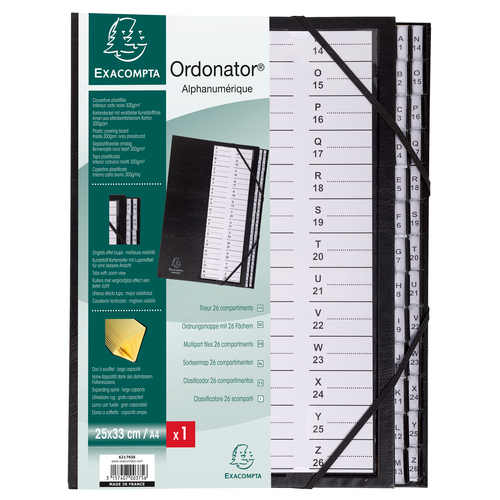 Trieur rigide Ordonator avec cavaliers plastiques et élastiques alphabétique 26 compartiments de A à